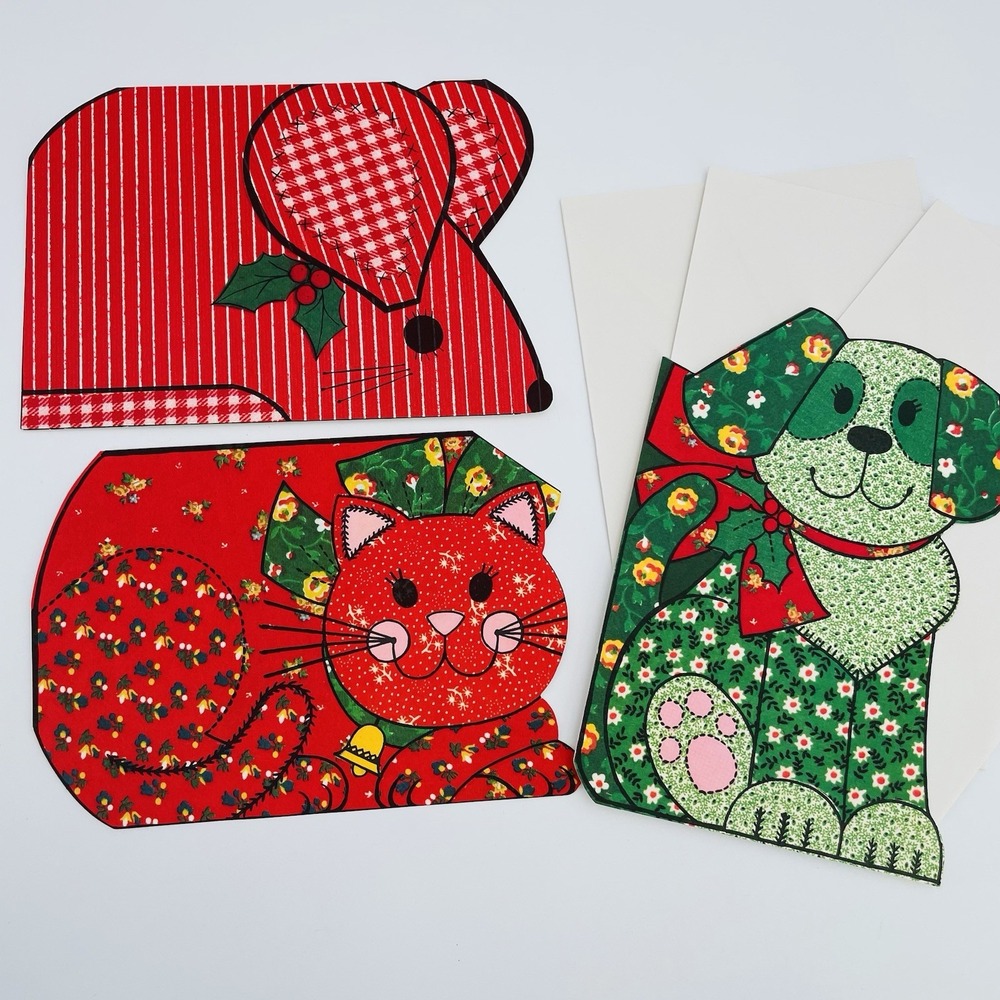 Vintage Hallmark Christmas Cards Calico Critters Cat Mouse Dog Diecut Unused NOS